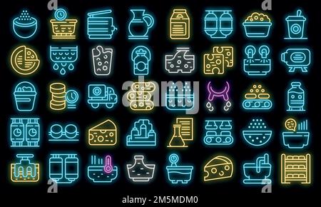 Cheese production icons set. Outline set of cheese production vector icons neon color on black Stock Vector