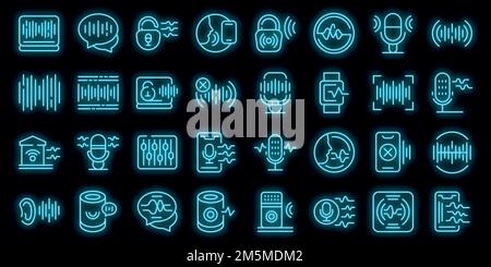 Speech recognition icons set. Outline set of speech recognition vector icons neon color on black Stock Vector