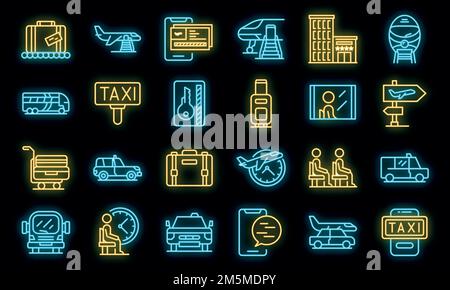 Airport transfer icons set. Outline set of airport transfer vector icons neon color on black Stock Vector