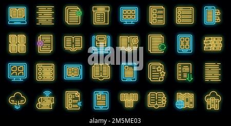 Electronic catalogs icons set. Outline set of electronic catalogs vector icons neon color on black Stock Vector