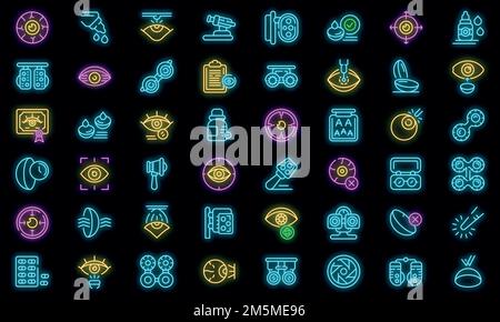 Optometry icons set. Outline set of optometry vector icons neon color on black Stock Vector