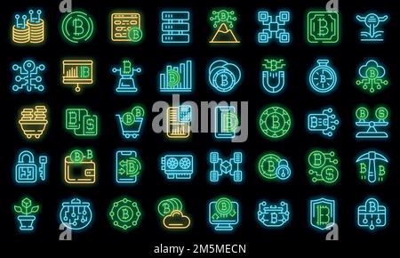 Cryptocurrency icons set. Outline set of cryptocurrency vector icons neon color on black Stock Vector