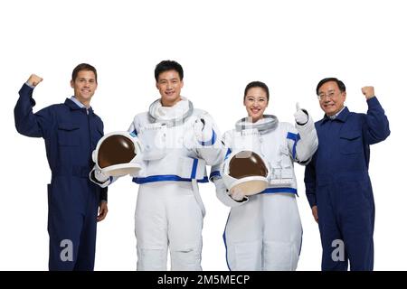 Photo shoot male astronauts and engineer team Stock Photo