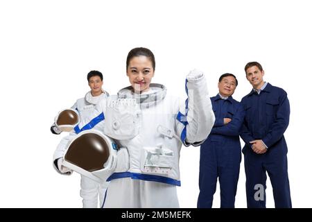 Photo shoot male astronauts and engineer team Stock Photo