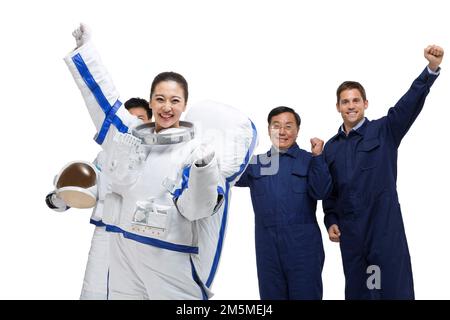 Photo shoot male astronauts and engineer team Stock Photo