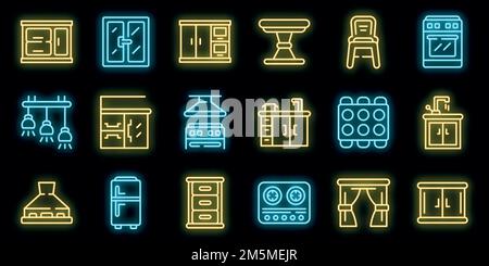 Kitchen furniture icons set. Outline set of kitchen furniture vector icons neon color on black Stock Vector