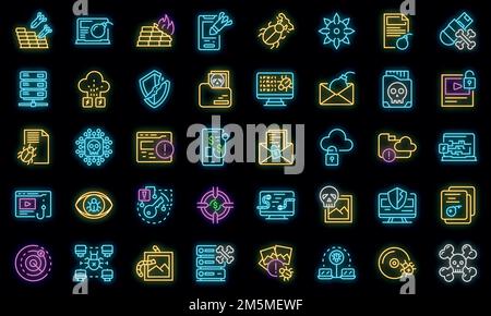Malware icons set. Outline set of malware vector icons neon color on black Stock Vector