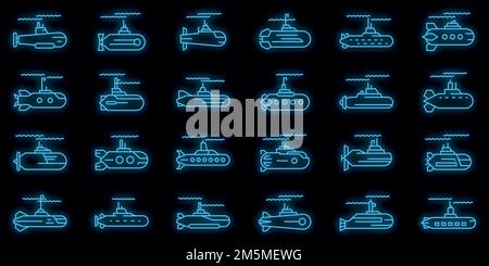 Submarine icons set. Outline set of submarine vector icons neon color on black Stock Vector