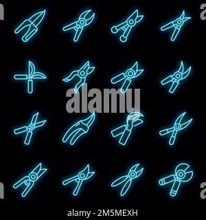 Secateurs icons set. Outline set of secateurs vector icons neon color on black Stock Vector