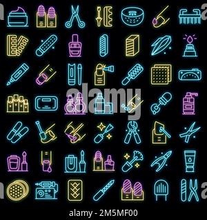 Equipment for manicure icons set. Outline set of equipment for manicure vector icons neon color on black Stock Vector