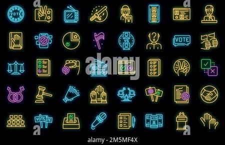 Democracy icons set. Outline set of democracy vector icons neon color on black Stock Vector