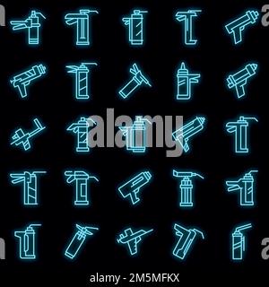 Silicone caulk gun icons set. Outline set of silicone caulk gun vector icons neon color on black Stock Vector