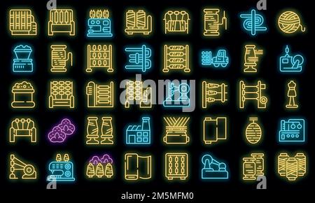 Thread production icons set. Outline set of thread production vector icons neon color on black Stock Vector