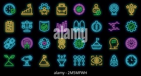 Core values icons set. Outline set of core values vector icons neon color on black Stock Vector