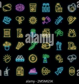 Vitamin D icons set. Outline set of vitamin D vector icons neon color on black Stock Vector