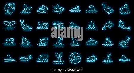 Killer whale icons set. Outline set of killer whale vector icons neon color on black Stock Vector