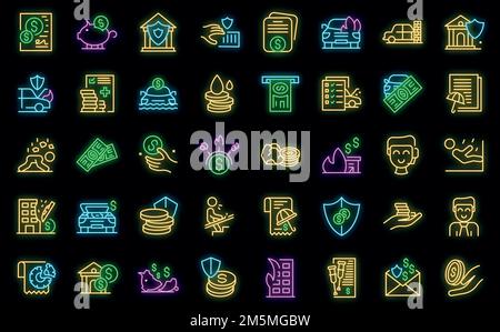 Compensation icons set. Outline set of compensation vector icons neon color on black Stock Vector