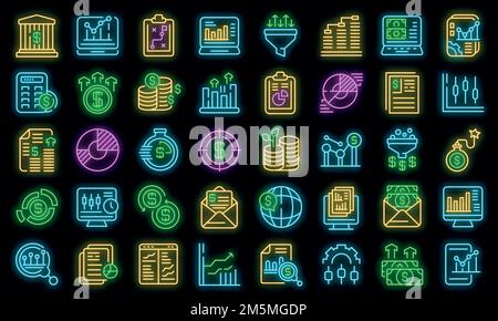 Result money icons set. Outline set of result money vector icons neon color on black Stock Vector