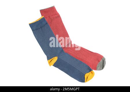 Pair socks with different lines isolated on white background. Colorful socks son white background. Colored socks on the leg isolated on white backgrou Stock Photo