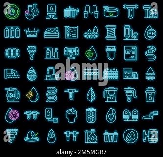 Equipment for water purification icons set. Outline set of equipment for water purification vector icons neon color on black Stock Vector