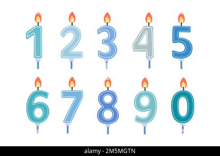 Set of Happy Birthday candle numbers. Blue color. Vector flat design Stock Vector