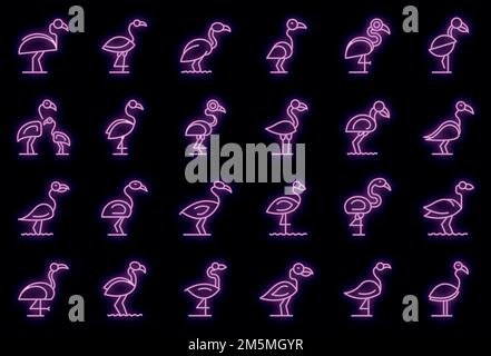 Flamingo icons set. Outline set of flamingo vector icons neon color on black Stock Vector