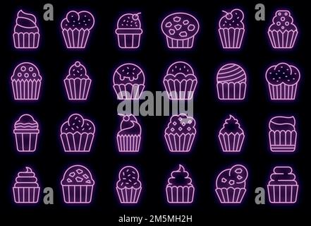 Muffin icons set. Outline set of muffin vector icons neon color on black Stock Vector