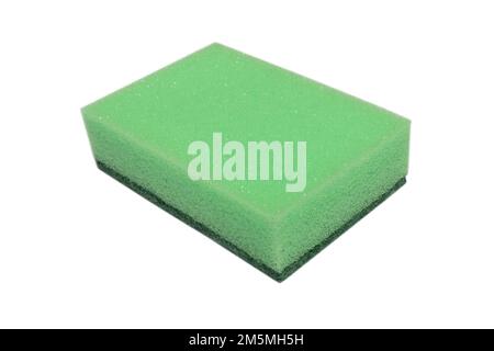 Macro shot of a surface of plastic green sponge isolated on white background. Close-up texture. Green scrub sponge. Sponge texture background. Green s Stock Photo