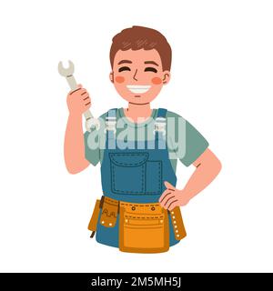 Repairman with wrench in hand. Handyman, Technical service. Vector in a flat style Stock Vector
