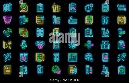 Test result icons set. Outline set of test result vector icons neon color on black Stock Vector