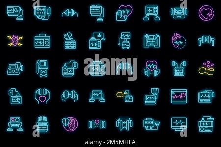 Defibrillator icons set. Outline set of defibrillator vector icons neon color on black Stock Vector