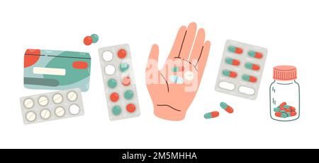 Pills, tablets and medicine drugs, colorful capsules. Oval or round medicament painkillers, antibiotics Stock Vector