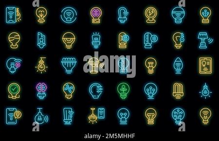 Smart lightbulb icons set. Outline set of smart lightbulb vector icons neon color on black Stock Vector