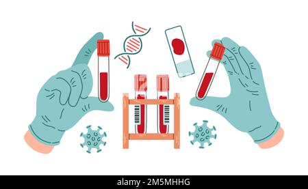 Blood tube for testing in laboratory on viruses. Blood test for viral disease Covid-19 NCP. Stock Vector