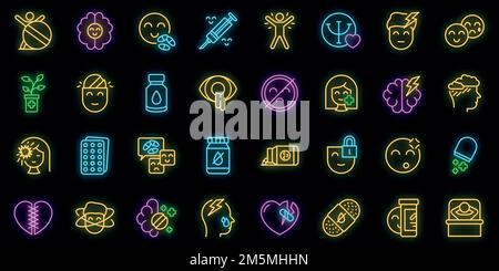 Antidepressant icons set. Outline set of antidepressant vector icons neon color on black Stock Vector