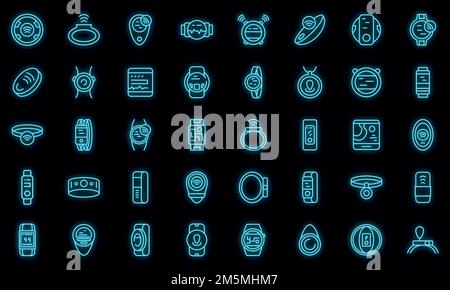 Wearable tracker icons set. Outline set of wearable tracker vector icons neon color on black Stock Vector