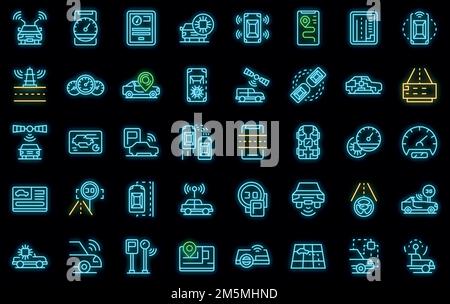 Autonomous car icons set. Outline set of autonomous car vector icons neon color on black Stock Vector