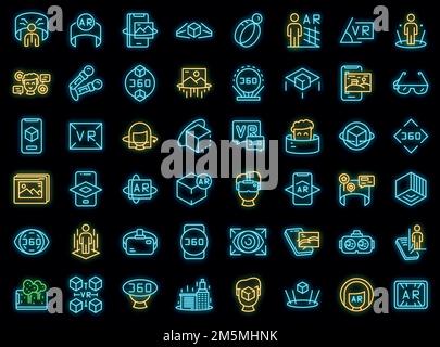 Augmented reality icons set. Outline set of augmented reality vector icons neon color on black Stock Vector
