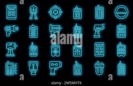 Laser meter icons set. Outline set of laser meter vector icons neon color on black Stock Vector