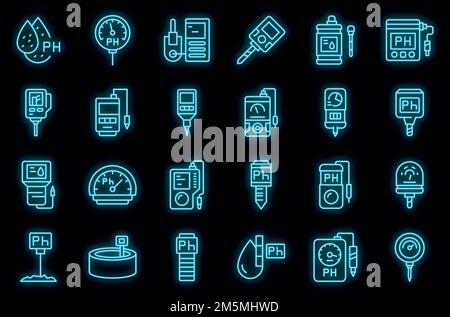 Ph meter icons set. Outline set of ph meter vector icons neon color on black Stock Vector