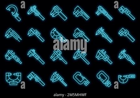 Digital micrometer icons set. Outline set of digital micrometer vector icons neon color on black Stock Vector