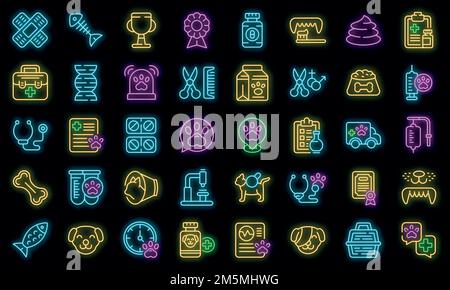 Veterinary clinic icons set. Outline set of veterinary clinic vector icons neon color on black Stock Vector