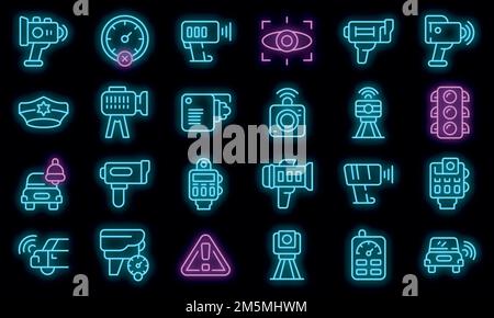 Speed radar icons set. Outline set of speed radar vector icons neon color on black Stock Vector