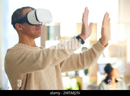 Man, hands and virtual reality, futuristic tech with vr glasses and metaverse experience, 3d vision and cyber space. Gaming, augmented reality with vr Stock Photo