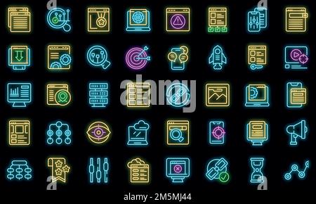 Search engine optimization icons set. Outline set of search engine optimization vector icons neon color on black Stock Vector