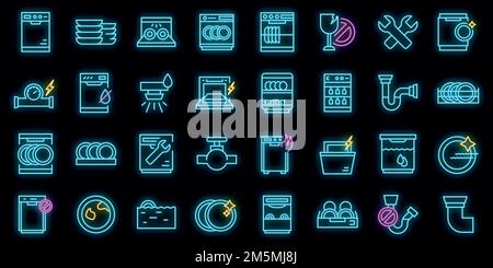 Repair dishwasher icons set. Outline set of repair dishwasher vector icons neon color on black Stock Vector