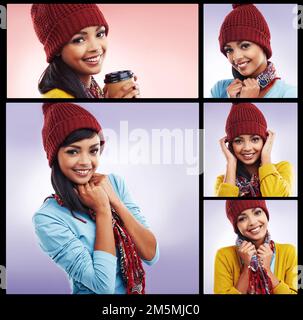 Snug as a bug. Composite image of an attractive young woman posing in the studio. Stock Photo