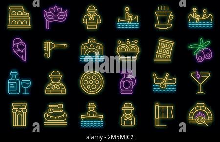Gondolier icons set outline vector. Venice bridge gondola. Canal boat man Stock Vector