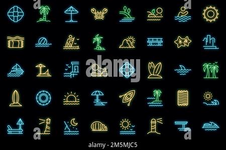 Seaside icons set. Outline set of seaside vector icons neon color on black Stock Vector