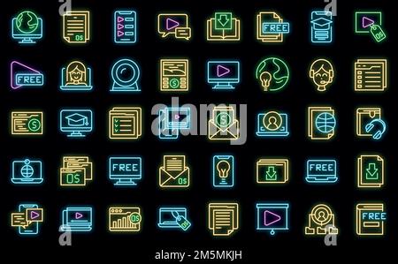 Free course icons set outline vector. Virtual computer class. Free app distance Stock Vector